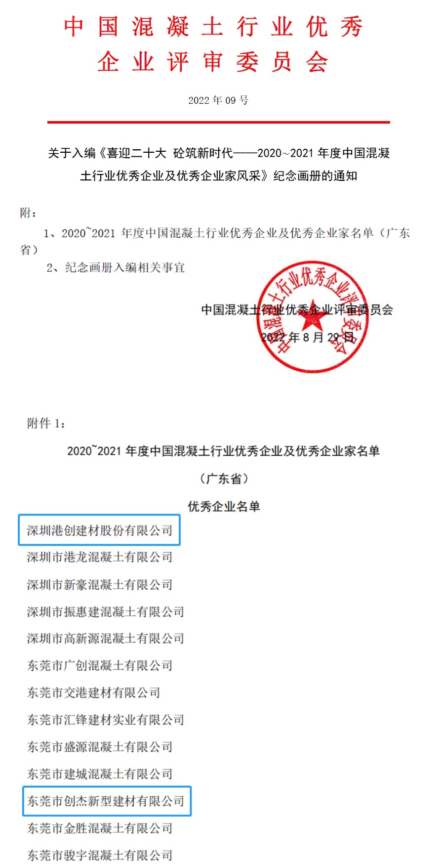 港創建材公司獲評2020~2021年度中國混凝土行業優秀企業